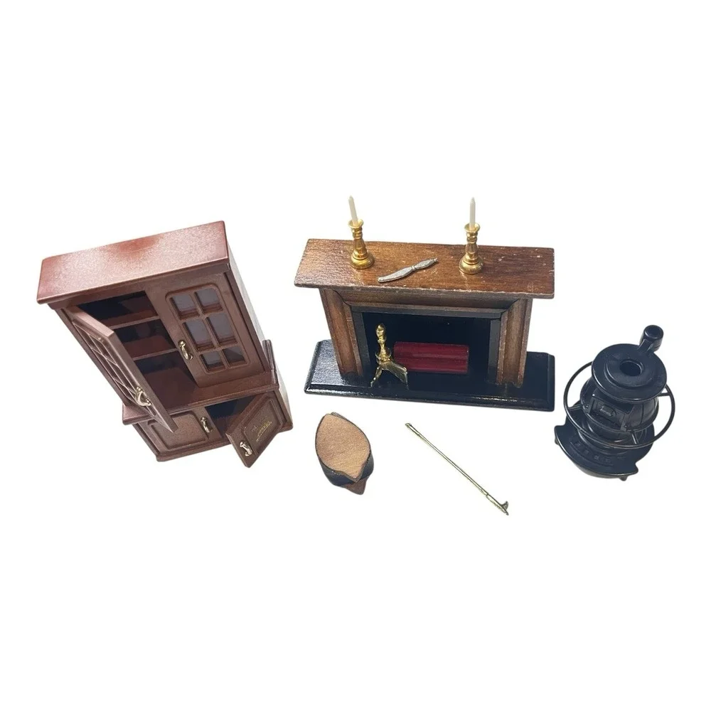 Vintage Miniature Bandai Maple Town Story Cabinet & Pot‎ Belly Stove + Extras